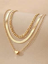 economico Collana da donna-Set di collana da donna con ciondolo a cuore a strati in lega, collana girocollo a catena multipla oro e argento per vacanze al mare, abbigliamento casual quotidiano, viaggi e stile minimalista.