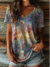 economico T-shirt floreale-Per donna Maglietta Stampato Floreale Grafico Piante Vintage Moda Hawaiano Manica Corta Scollo a V Top Regolari Quotidiano Uscire Weekend Blu Viola chiaro Marrone Verde Estate Primavera