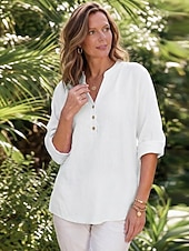 cheap Shirts-Women's Linen-feel Shirts Blouse Buttons Solid Color Stylish Casual Long Sleeve V Neck Regular Tops Daily Blue Black White Pink Spring Fall