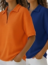  Multipack mit 2 Damen-Waffel-T-Shirts, Poloshirts, Waffelstrick-Tops, schlichte, modische Basics, klassische Kurzarm-Hemdkragen-Tops, lässige Alltags-Strand-Tops, gelb + orange