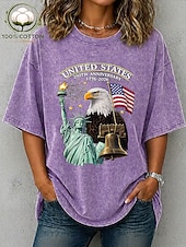 billiga Självständighetsdagen Topp-amerikanska självständighetsdagen dam-t-shirt i 100 % bomull bomullsskjorta vintage tvättad topp tryck grafiskt flagga snygg grundläggande klassisk kortärmad rund hals vanlig topp casual daglig blå svart lila grön