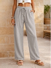 cheap Bottoms-Women's Cotton Linen Pants Summer Pants Pants Trousers Vacation Basic Casual Daily Full Length Natural Plain Drawstring Front Pocket Comfort Breathability Comfortable Inelastic Daily Going out Weekend