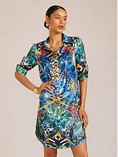 preiswerte Kleider für die Ferien-Dschungel-Party-Hemdkleid aus seidigem Satin