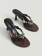 voordelige Hakken Sandalen-Luxe damessandalen met bruine hak - bohemian teenslippers met kleurrijke harssteentjes &amp;Gouden oorknopjes voor avondkleding in resorts en diners op eilanden. &amp;zomergala's
