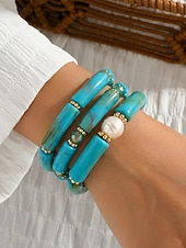 billige Damearmbånd-Bohemsk 3-delt armbåndssett i akryl for kvinner, elastiske, stabelbare armbånd, perfekt for strandferie, hverdagsbruk og sommertilbehør