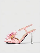 abordables Sandalias de tacón-Sandalias de tacón alto rosas con estampado floral para mujer: ideales para cenas en resorts y cócteles.