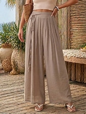 ieftine Pantalonii-Pentru femei Pantaloni cu aspect de in Picior Larg chinez Vacanță De Bază Lungime totală Talie Înaltă Simplu Cordon Respirabil Inelastic Vacanță Stradă Casual Gri Negru Roz Îmbujorat Kaki Var