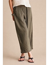 cheap Straight-Leg Pants-Women's 100% Linen Vacation Basic Ankle-Length Mid Waist Plain Breathable Inelastic Daily Flaxen gray-green White Spring Loose Fit