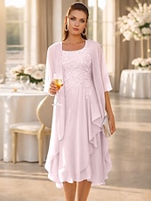 economico Set di abiti per la mamma-Due Pezzi Linea ad A Lunghezza al ginocchio Abito da invitata a nozze Abito da cerimonia per signora Senza Maniche Scollo Tondo Elegante Ospite di nozze Ricevimento di matrimonio Chiffon Pizzo Abiti