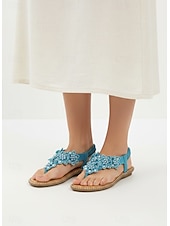 cheap Flat Sandals-Women's Boho Floral Beaded Sandals – Casual Elastic Strap Summer Flip-Flops with Embellished Design for Beach or Casual Outfits
