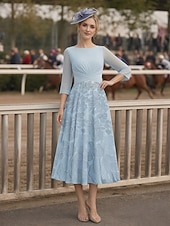 abordables Longitud del té-A-Line Dress Tea Length Wedding Guest Dress Mother of the Bride Dress 3/4 Length Sleeve Boat Neck Elegant Vintage Formal Wedding Guest Kentucky Derby Chiffon with Ruched Sequin Appliques