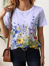 tanie koszulka w kwiaty-Damskie Podkoszulek Nadruk Kwiaty Graficzny Rośliny Moda Elegancki Klasyczny Krótki rękaw Półgolf Zwykłe topy Codzienny Weekend Niebieski Żółty Rumiany róż Jasnofioletowy Lato Wiosna