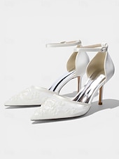 baratos Convidado do casamento-Sapatos de salto agulha bordados em azul marinho para mulheres – elegantes sapatos de festa com tira no tornozelo.