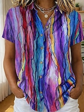  Damen Shirt Kurzarm Grafik Geometrisch Gestreift Vintage Tropisch Stilvoll Shirt Kragen Reguläre Tops Täglich Salbeigrün Pink Lila Orange Grün Sommer Frühling