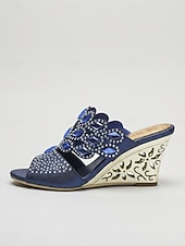 abordables Sandalias de cuña-Sandalias de cuña azules adornadas para mujer, zapatos elegantes sin cordones con punta abierta para la madre de la novia, boda en el jardín &amp;eventos formales