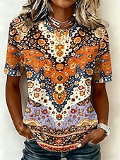 cheap Boho tee-Women's T Shirt Print Graphic Tribal Vintage Stylish Casual Short Sleeve Crew Neck Round Neck Regular Tops Casual Daily Blue Purple Orange Green Summer Spring