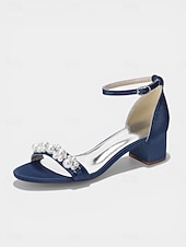 cheap Heeled Sandals-Women's Navy Pearl Embellished Chunky Heel Sandals - Elegant Ankle Strap Cocktail Party Dress Shoes