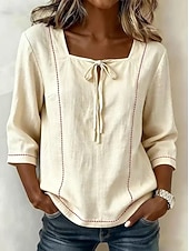 preiswerte Einfache Blusen-Damen Hemd Bluse Einfach Gestreift Stilvoll Klassisch Modern Dreiviertelarm Quadrathals Lange Oberteile Lässig Täglich Strand Weiß Gelb Marineblau Himmelblau Aprikose Sommer Frühling