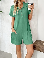 olcso nyaralás jumpsuit-Női Rugdalózók Aktív Tömör szín Rövid ujjú Széles lábszár Állógallér Zseb Gombok Napi Vakáció Laza öltözet Medence Arcpír rózsaszín Bor Nyár