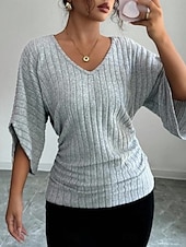 billige Enkle bluser-Dame Bluse Helfarge Stilfull Fritid 3/4 ermer V-hals Vanlige topper Daglig Grå Vår Høst