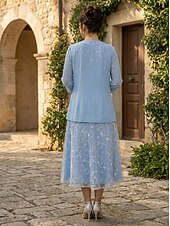preiswerte Mamas Kleidersets-Zweiteilig A-Linie Knöchellänge Tee-Länge Kleid für Hochzeitsgäste Brautmutterkleid Ärmellos Dreiviertelarm Rundhalsausschnitt Elegant Einfach Minimalistisch Formell Semi-Formal Chiffon Spitze mit