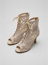 economico Stivali da ballo-Stivali da ballo latino da donna con strass, scarpe da ballo performanti con tacco alto in rete e lacci per salsa, tango e balli da sala &amp; palcoscenico