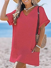 Недорогие Пляжные платья-Жен. Купальники Накидка Купальное платье Платья купальник Пэчворк Карман Отпуск Одежда для пляжа Полотняное плетение V-образный вырез Короткие рукава Купальники