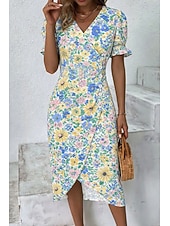 cheap Floral Dress-Women's Midi Dress Summer Dress Ruffle Dress Bodycon Dress Vacation Party Casual Regular Fit Floral Graphic Short Sleeve V Neck Blue Yellow Pink Summer Spring