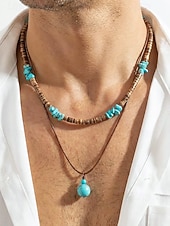 Χαμηλού Κόστους Ανδρικά κοσμήματα-Ανδρικό κολιέ μποέμ με κέλυφος καρύδας και τυρκουάζ, μπλε και καφέ κολιέ με χάντρες σε στρώσεις για διακοπές στην παραλία, ρούχα σε θέρετρα, casual καλοκαιρινά ρούχα και καθημερινή χρήση