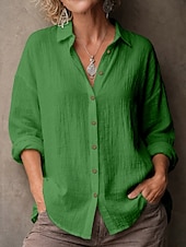 お買い得  エッセンシャルフェイクシャツ-女性用 シャツ ブラウス フェイクリネンシャツ 純色 ベーシック カジュアル 長袖 ラペル レギュラートップス カジュアル 日常 ブルー ブラック ホワイト イエロー ピンク 夏 春