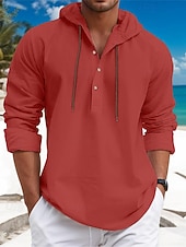 economico Vacanza-Per uomo Camicia camicia di lino Camicia in calicò Camicia estiva Abbigliamento mare Liscio Da mare Curise Bianco Blu Marrone Verde Manica lunga Con cappuccio Primavera estate Abbigliamento