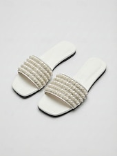 cheap Women-Women's Black Pearl Decorated Slide Sandals - Chic Flat Beach Slippers with Faux Pearl Straps for Island Vacations, Summer Resorts &amp; Elegant Poolside Lounging
