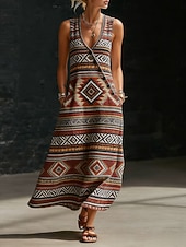 economico Abiti Boho-Per donna Abito maxi Vestito Estivo Vestito Casual Abito a trapezio Elegante Vacanza Spiaggia Ferie Vestibilità regolare Grafico Paisley Astratto Senza Maniche Scollo a V Rosso Marrone Beige Estate