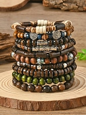 Χαμηλού Κόστους Ανδρικά κοσμήματα-Σετ ανδρικών βραχιολιών με ξύλινες χάντρες μποέμ, 10 ελαστικά βραχιόλια με χάντρες που στοιβάζονται για διακοπές στην παραλία, καθημερινή casual ένδυση, ταξίδια και φεστιβάλ