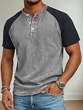  Férfi Henley ing 100% Cotton Acid Wash ing Rövid ujjú Henley Tavaszi nyár Nyár Tavasz Színes Kollázs Retró Alkalmi Henley Kollázs Régies stílus Színes Hétköznapi Medence Rózsaszín Szürke Férfi fels