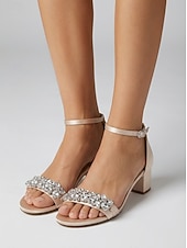 voordelige Hakken Sandalen-Damessandalen met dikke hak en nude strass-steentjes - elegante cocktailschoenen met enkelbandje