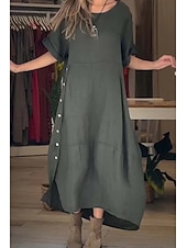 cheap Plain Dress-Women's Midi Dress Shift Dress Casual Dress Summer Dress Basic Classic Daily Vacation Loose Fit Plain Short Sleeve Crew Neck Pink Red Green Apricot Summer Spring