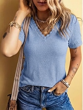 cheap Plain tee-Women's Waffle T-shirt Lace Splicing Top Tee Top Elegant Stylish Short Sleeve V Neck Regular Tops Casual Going out Vacation Wear Blue Black White Green Apricot Summer Spring