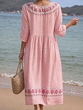 voordelige Gestreepte &amp; Geometrische Jurken-Dames Halflange jurk Zonnejurk Zomerjurk Vakantie Casual Boho Strand Feestdagen Ruim Passend Bloemig Grafisch Geometrisch 3/4 mouw Strakke ronde hals blauw Blozend Roze Paars Groen Zomer Lente