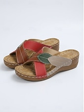billiga Slide Sandaler-kvinnors flerfärgade blad patchwork-sandaler - bekväma tofflor med öppen tå för vardags- och utomhuskläder