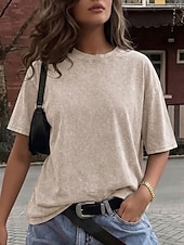 ieftine tricou simplu-Tricou damă 100% bumbac, vintage, spălat, topuri, modă, stilat, clasic, mânecă scurtă, guler rotund, topuri lungi, casual, zilnic, plajă, trandafir, roșu, albastru, verde iarbă, negru, portocaliu, vară, primăvară