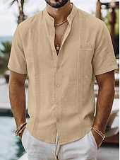 abordables Vacances-Men's Shirt Linen Shirt Summer Shirt Beach Shirt Summer Hawaiian Shirt Solid Color Casual Daily Blue Dark Yellow Navy Blue Green Short Sleeve Collar Spring &amp; Summer Summer Clothing Apparel Ruched