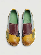 cheap Women's Flats-Women's Yellow Genuine Cowhide Colorblock Flats, Hand Stitched Slip On Casual Shoes, Comfortable Soft Sole Footwear for Daily Wear, Travel, Vacation &amp; Casual Outings