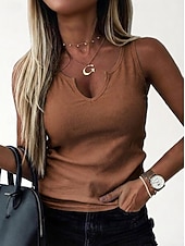 abordables Tanque Sencillo-Mujer Tejido de punto acanalado Camiseta sin mangas Color sólido Elegante Casual Sin Mangas Escote en U Tops regulares Noche Ropa de vacaciones Negro Blanco Marrón Verde Trébol Verano