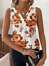 billige Grafisk tank-Women's Tank Top Floral Graphic Plants Elegant Vintage Stylish Sleeveless V Neck Regular Tops Beach Wedding Casual Daily White Light Pink Light Purple Orange Summer Spring