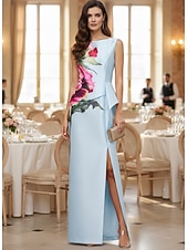 billige A-Line Evening Dresses-A-Line Sheath Column Floor Length Evening Gown Ball Gown Elegant Vintage Floral Sleeveless Boat Neck Garden Party Wedding Satin Cowl Back with Floral Print Slit