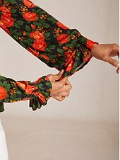 preiswerte Hemden, Tops und Blusen-Midikleid aus floraler Spitze mit V-Ausschnitt und Puffärmeln