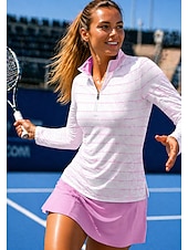 baratos Camisa Feminina-Mulheres Riscas Camisa Esportiva Camisa de tênis Top de tênis Manga Longa Zíper Floral Pullover UPF50+ Resistente a UV Elasticidade Alta Pavio Humido Respirável Voleibal Tênis Golfe Gola Alta Gola