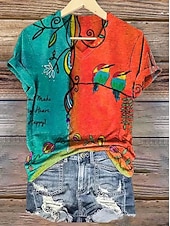 baratos T-shirt Boho-Mulheres Camiseta Imprimir Floral Gráfico Plantas Vintage à moda Clássico Manga Curta Decote V Tops longos Diário Final de semana Azul Laranja + Verde Branco Amarelo Rosa Verão Primavera