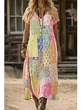 economico Abiti Boho-abito lungo da donna boho prendisole abito a trapezio vacanza casual boho spiaggia uscire vestibilità standard floreale grafica manica corta scollo a V arancione rosso rosa estate primavera